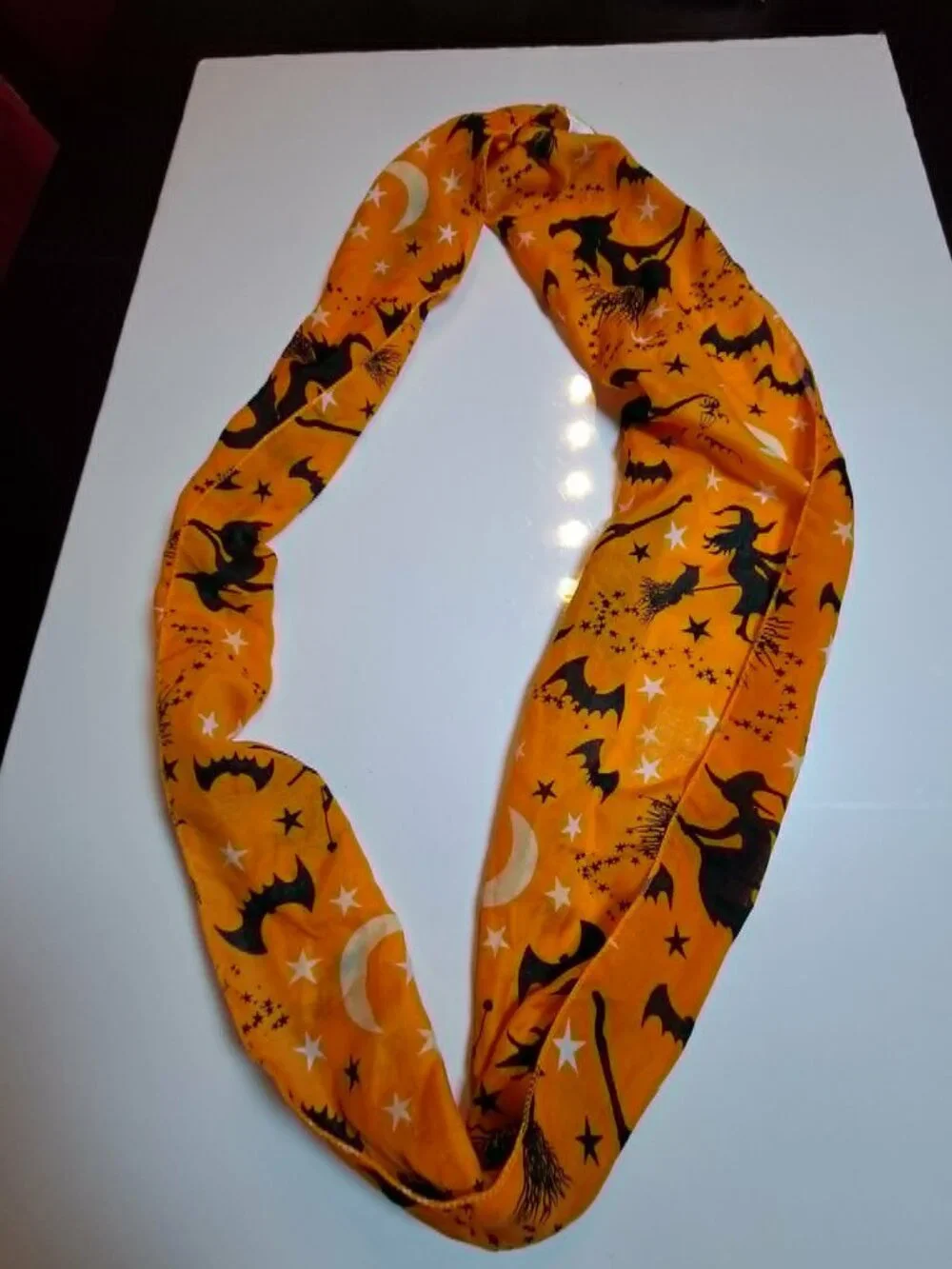 Halloween Orange Scarf Witches Bats Moon Stars Spooky Print